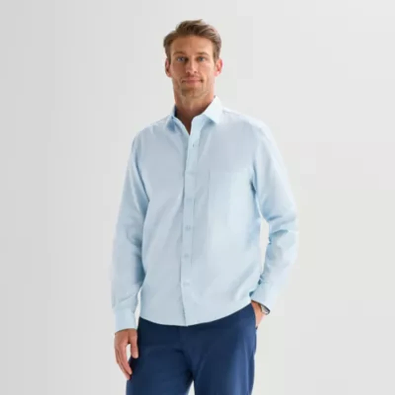 Stafford Tonal Stripe Chambray Mens Long Sleeve Regular Fit Button-Down Shirt