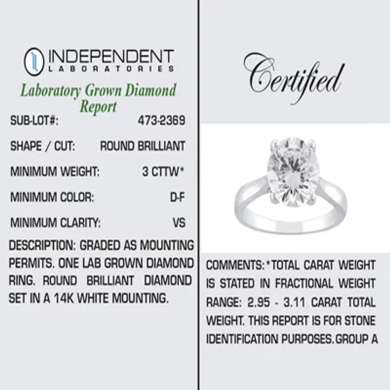 (H-I / Si2) Womens 3 CT. Lab Grown White Diamond 14K Gold Round Solitaire Engagement Ring