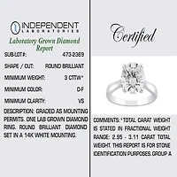 (H-I / Si2) Womens 3 CT. Lab Grown White Diamond 14K Gold Round Solitaire Engagement Ring