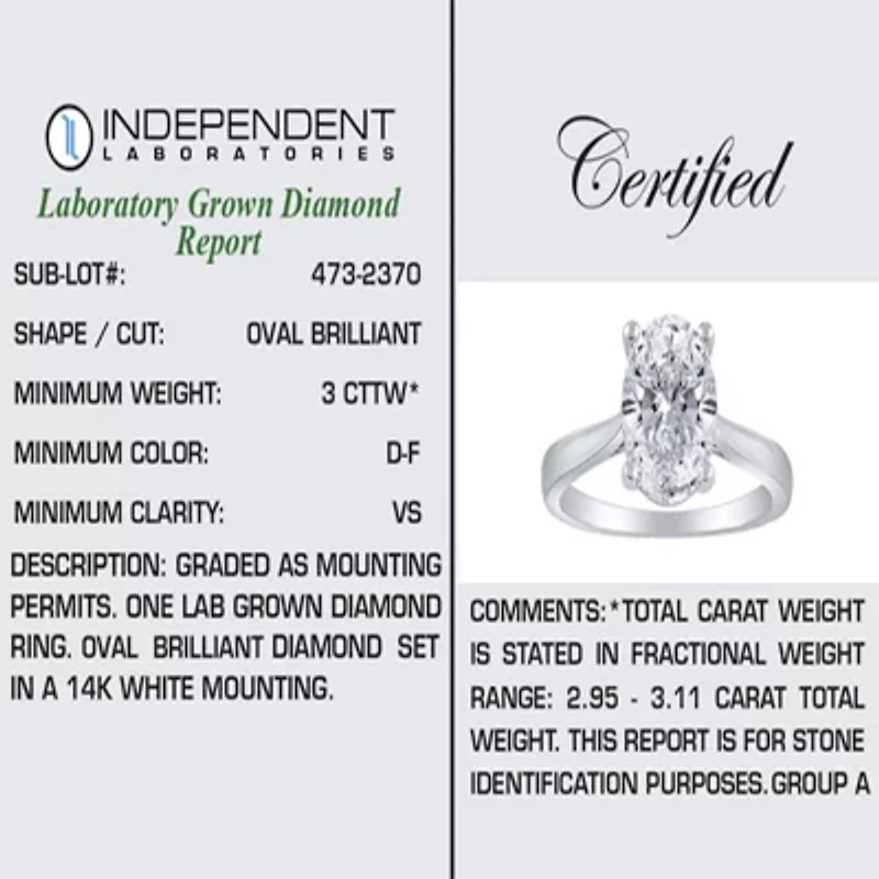 (H-I / SI2) Womens 3 CT. Lab-Grown White Diamond 14K Gold Oval Solitaire Engagement Ring