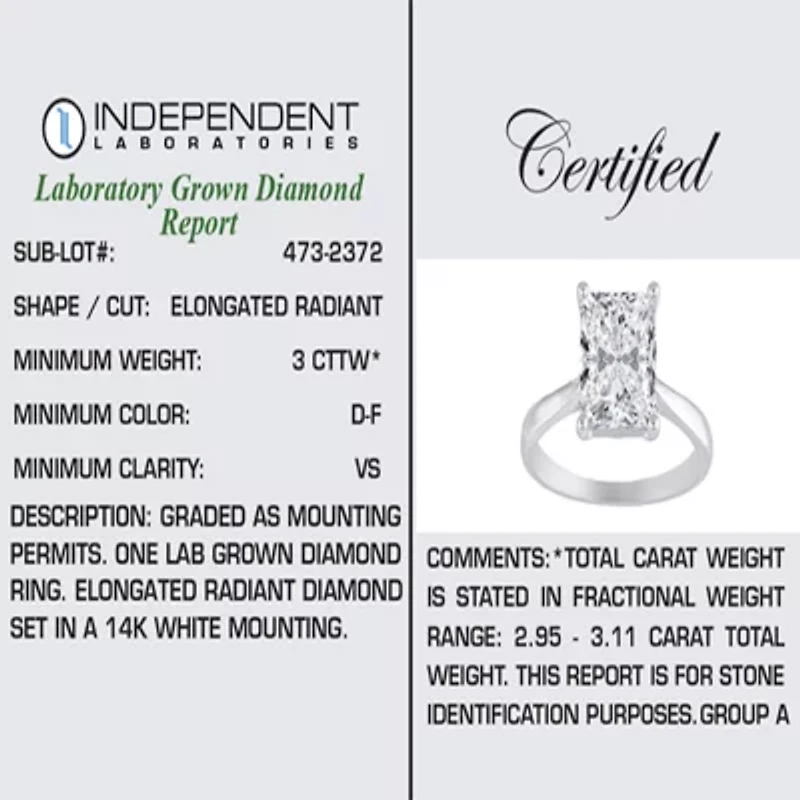 (H-I / SI2) Womens 3 CT. Lab-Grown White Diamond 14K Gold Radiant-Cut Solitaire Engagement Ring