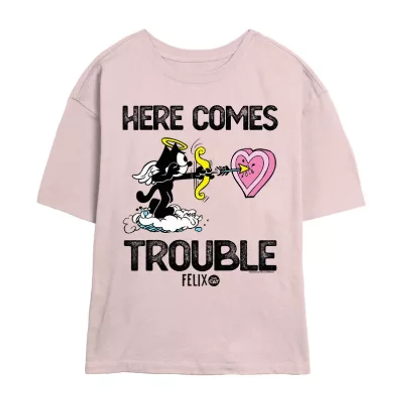 Felix The Cat Here Comes Trouble Tee Womens Crew Neck Short Sleeve Regular Fit Juniors Graphic T-Shirt