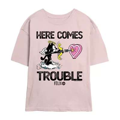 Felix The Cat Here Comes Trouble Tee Womens Crew Neck Short Sleeve Regular Fit Juniors Graphic T-Shirt