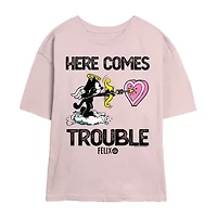 Felix The Cat Here Comes Trouble Tee Womens Crew Neck Short Sleeve Regular Fit Juniors Graphic T-Shirt