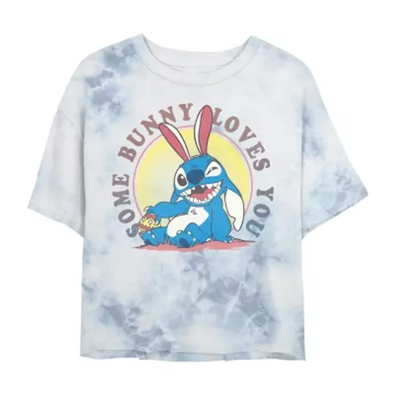 Stitch Some Bunny Loved You Cropped Tee Womens Juniors Crew Neck Short Sleeve Regular Fit Lilo & Graphic T-Shirt