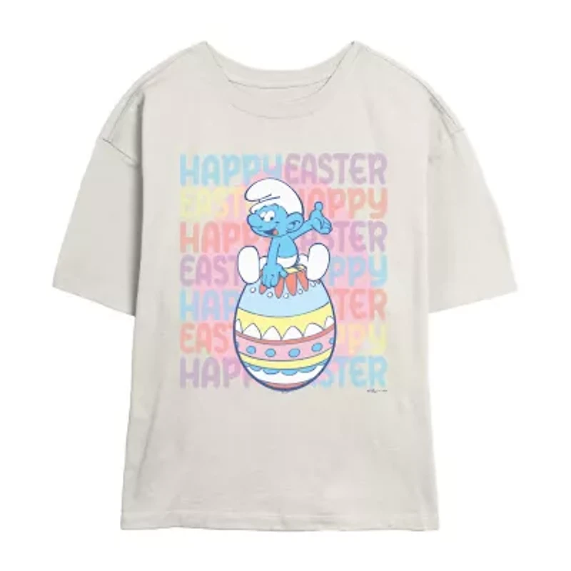 Smurfs Happy Easter Tee Womens Crew Neck Short Sleeve Regular Fit Juniors Graphic T-Shirt