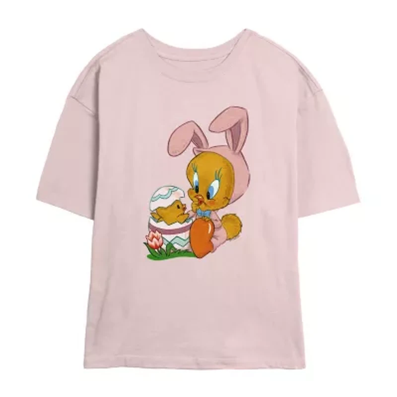 Tweety Bird Easter Tee Womens Juniors Crew Neck Short Sleeve Regular Fit Looney Tunes Graphic T-Shirt