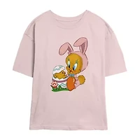Tweety Bird Easter Tee Womens Juniors Crew Neck Short Sleeve Regular Fit Looney Tunes Graphic T-Shirt