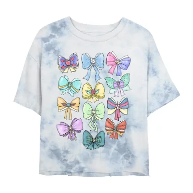 Disney Princess Bows Cropped Tee Womens Juniors Crew Neck Short Sleeve Regular Fit Graphic T-Shirt
