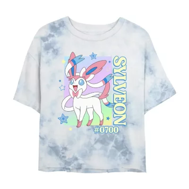 Pokemon Sylveon Cropped Tee Womens Juniors Crew Neck Short Sleeve Regular Fit Pokeman Graphic T-Shirt