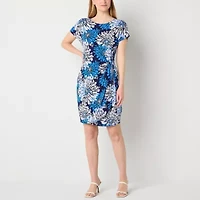 Robbie Bee Womens Short Sleeve Floral Sheath Dress