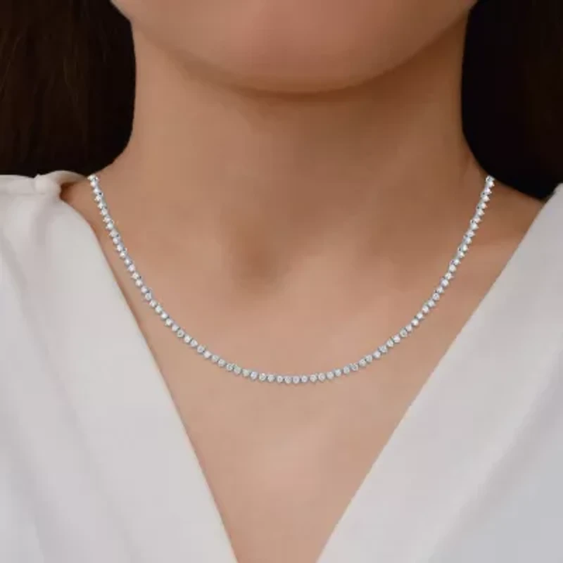 F / Si1) Womens White Diamond 10K White Gold 16 Inch Tennis Necklace