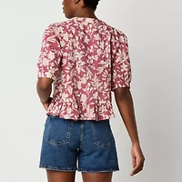 a.n.a Pleated Womens Split Crew Neck Elbow Sleeve Button Down Blouse