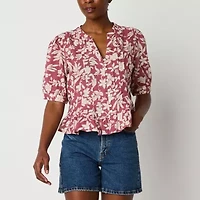 a.n.a Pleated Womens Split Crew Neck Elbow Sleeve Button Down Blouse