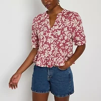 a.n.a Pleated Womens Split Crew Neck Elbow Sleeve Button Down Blouse