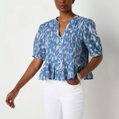 a.n.a Pleated Womens Split Crew Neck Elbow Sleeve Button Down Blouse