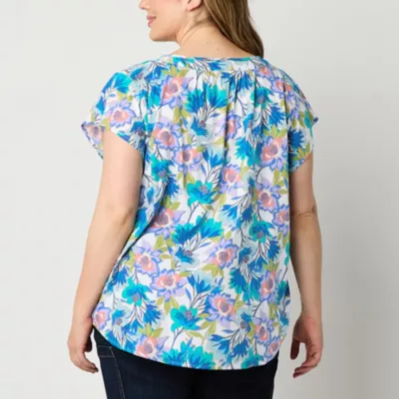 St. John's Bay Womens Split Crew Neck Short Sleeve Plus Blouse