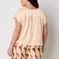 Worthington Womens Round Neck Short Sleeve Satin Plus Blouse