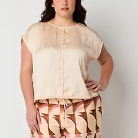 Worthington Womens Round Neck Short Sleeve Satin Plus Blouse