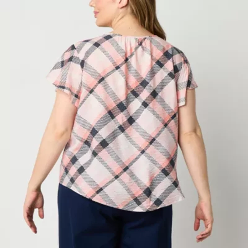 Liz Claiborne Womens Plus Scoop Neck Short Sleeve Blouse