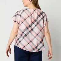 Liz Claiborne Womens Plus Scoop Neck Short Sleeve Blouse