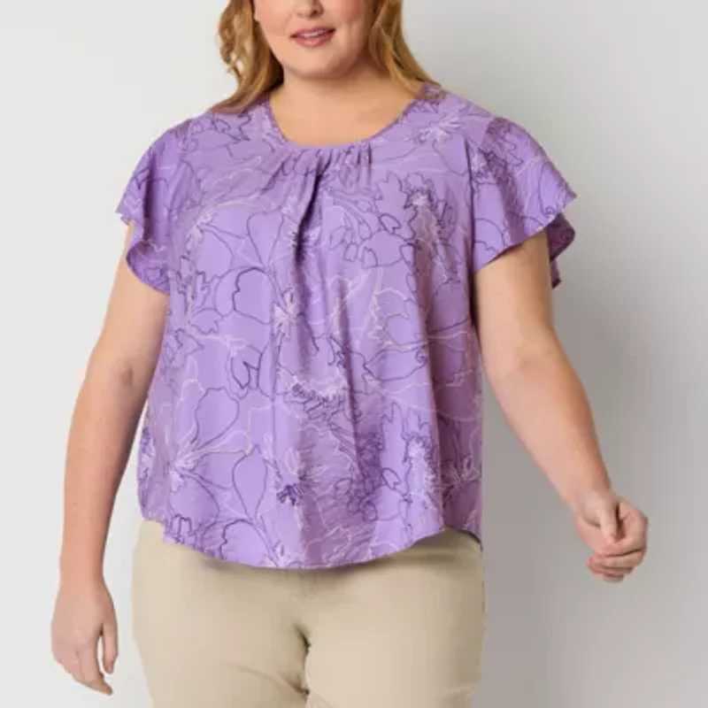Liz Claiborne Womens Scoop Neck Short Sleeve Plus Blouse