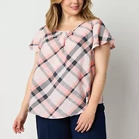 Liz Claiborne Womens Plus Scoop Neck Short Sleeve Blouse
