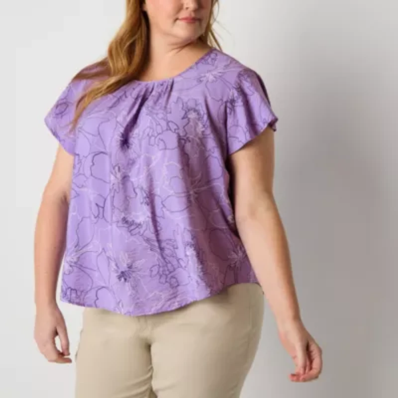 Liz Claiborne Womens Scoop Neck Short Sleeve Plus Blouse