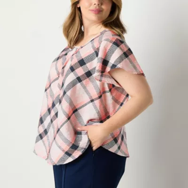 Liz Claiborne Womens Plus Scoop Neck Short Sleeve Blouse