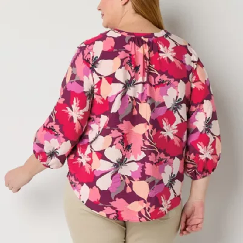 Liz Claiborne Womens Split Crew Neck 3/4 Sleeve Plus Blouse