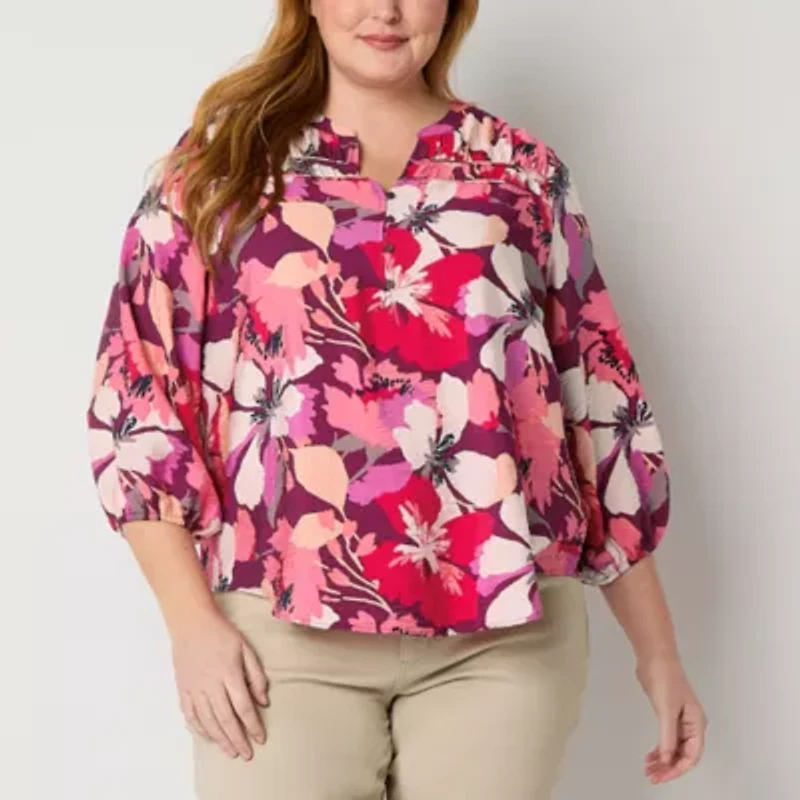 Liz Claiborne Womens Split Crew Neck 3/4 Sleeve Plus Blouse