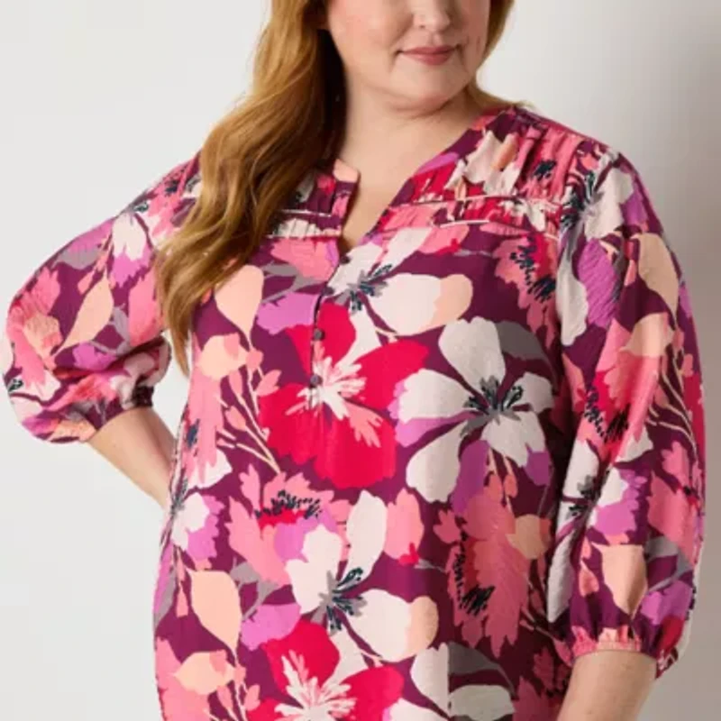 Liz Claiborne Womens Split Crew Neck 3/4 Sleeve Plus Blouse
