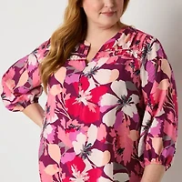 Liz Claiborne Womens Split Crew Neck 3/4 Sleeve Plus Blouse