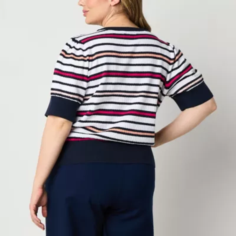 Liz Claiborne Plus Womens Crew Neck Elbow Sleeve Striped Pullover Sweater
