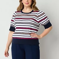 Liz Claiborne Plus Womens Crew Neck Elbow Sleeve Striped Pullover Sweater