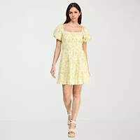 Trixxi Womens Juniors Short Sleeve Floral Fit + Flare Dress