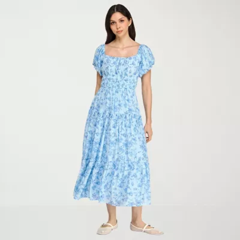 Trixxi Womens Juniors Short Sleeve Midi Floral A-Line Dress