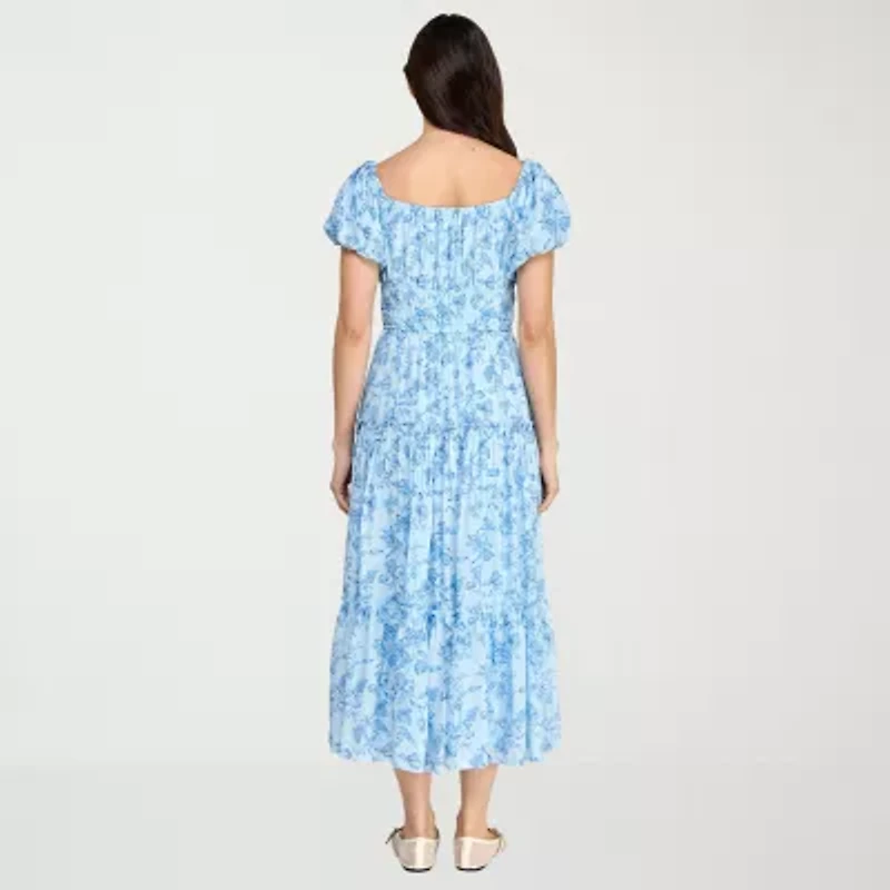 Trixxi Womens Juniors Short Sleeve Midi Floral A-Line Dress