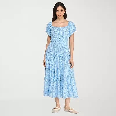 Trixxi Womens Juniors Short Sleeve Midi Floral A-Line Dress