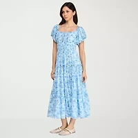 Trixxi Womens Juniors Short Sleeve Midi Floral A-Line Dress