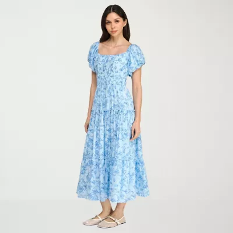 Trixxi Womens Juniors Short Sleeve Midi Floral A-Line Dress