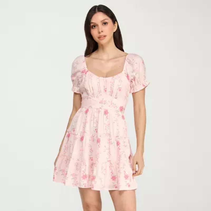 Trixxi Womens Juniors Short Sleeve Floral Fit + Flare Dress