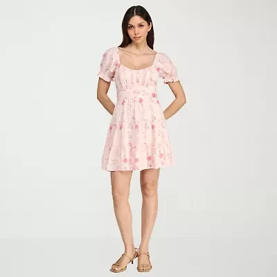 Trixxi Womens Juniors Short Sleeve Floral Fit + Flare Dress