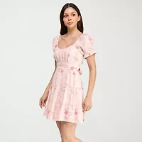 Trixxi Womens Juniors Short Sleeve Floral Fit + Flare Dress