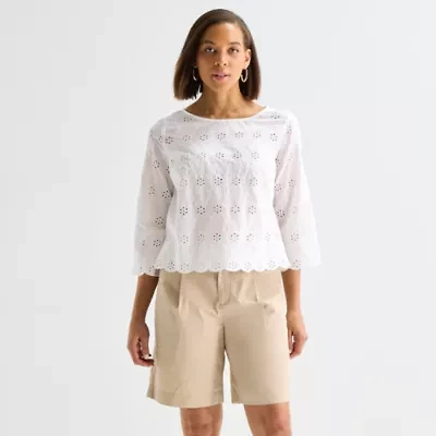 Liz Claiborne Womens Round Neck 3/4 Sleeve Blouse