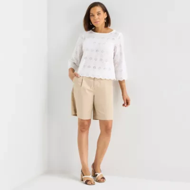 Liz Claiborne Womens Round Neck 3/4 Sleeve Blouse