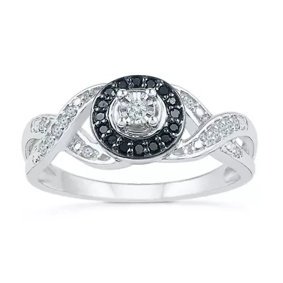 Promise My Love Womens 1/6 CT. T.W. Natural Black Diamond Sterling Silver Round Side Stone Halo Ring