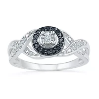Promise My Love Womens 1/6 CT. T.W. Natural Black Diamond Sterling Silver Round Side Stone Halo Ring