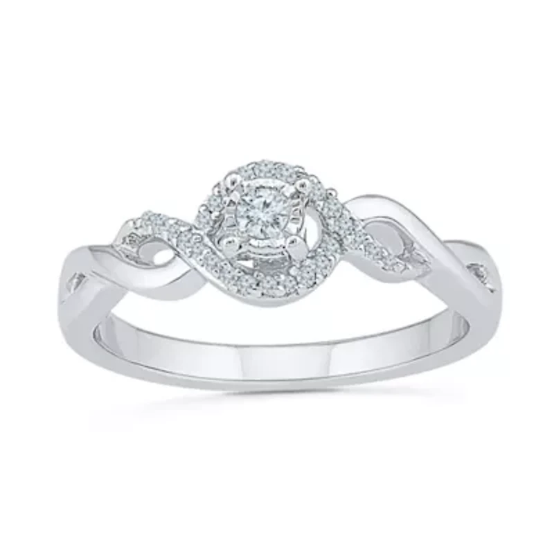 Womens 1/8 CT. T.W. Natural White Diamond Sterling Silver Round Side Stone Halo Promise Ring
