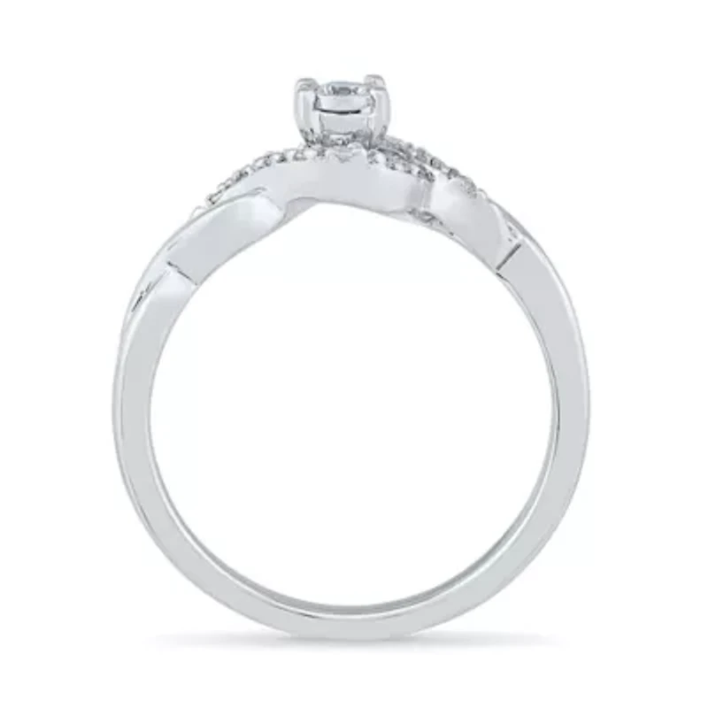 Womens 1/8 CT. T.W. Natural White Diamond Sterling Silver Round Side Stone Halo Promise Ring